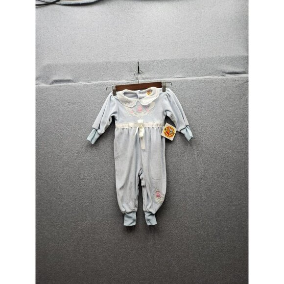 VTG Winnie The Pooh Infant Girls Blue Velour Onesie 24M With Embroidered Floral - Picture 1 of 8